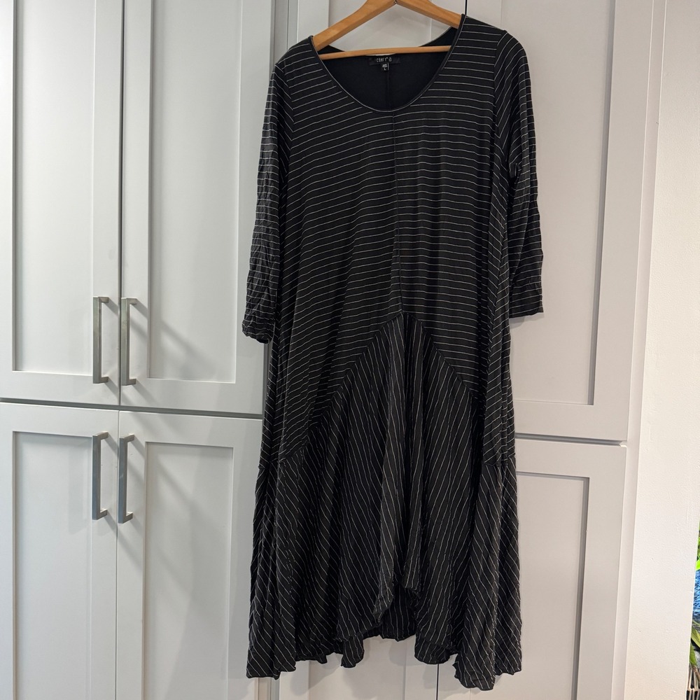 Comfy USA Black Stripe Midi Swing Crinkle Dress Drop Waist Size Large Lagnlook